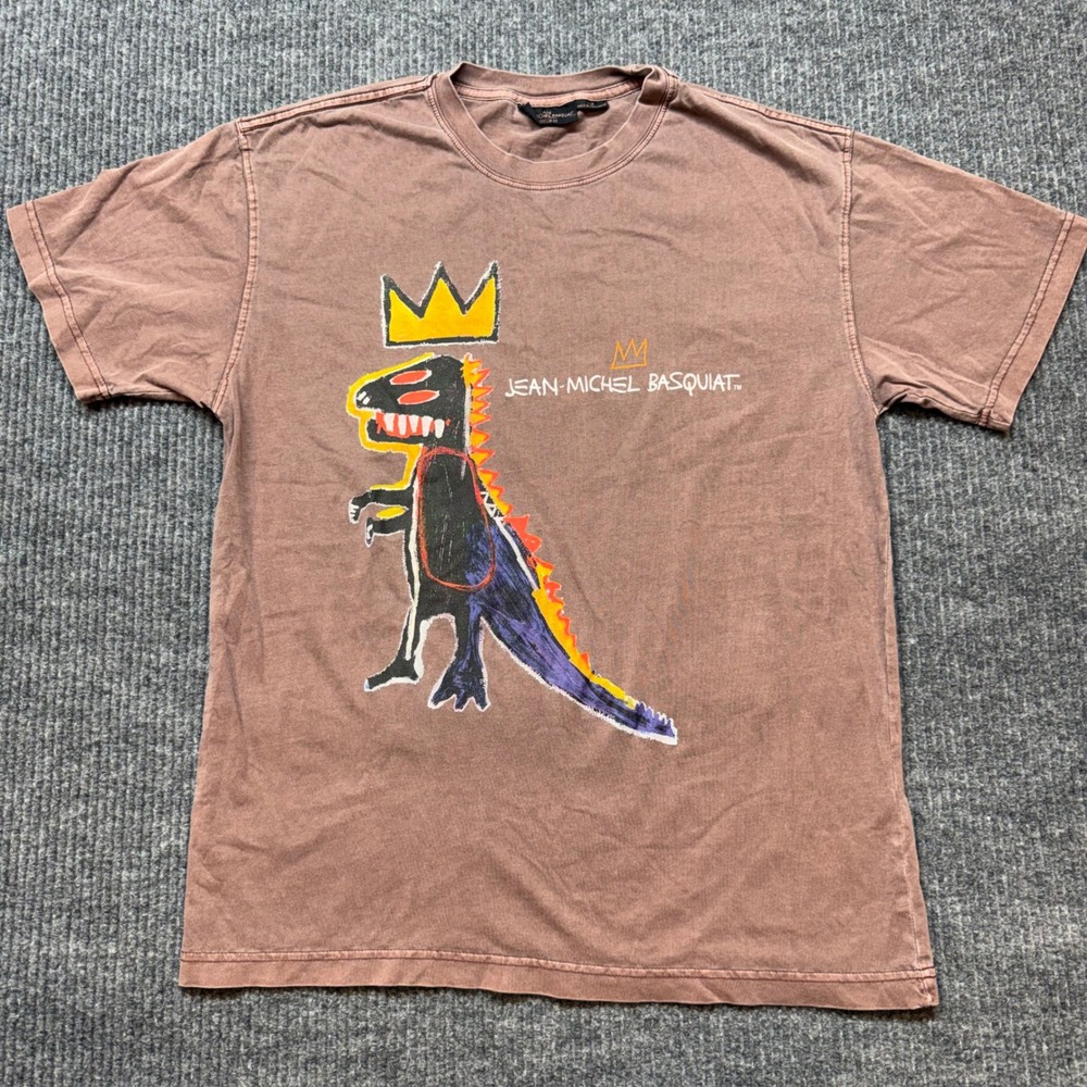 Jean-Michel Basquiat Brown Graphic T Shirt Small Crowned Dinosaur Art Streetwear